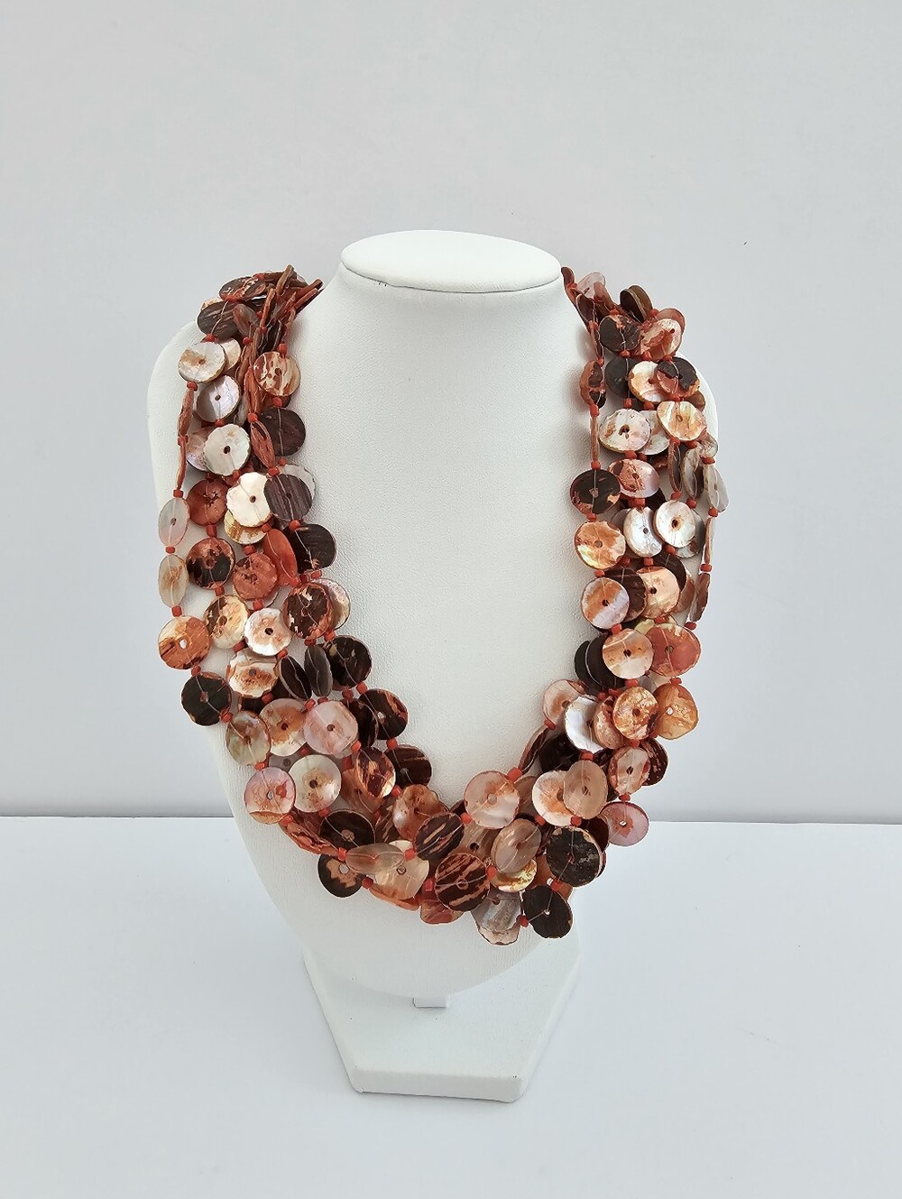 Vintage Boho Multi-Strand Shell Disc & Coral Seed Bead Statement Necklace